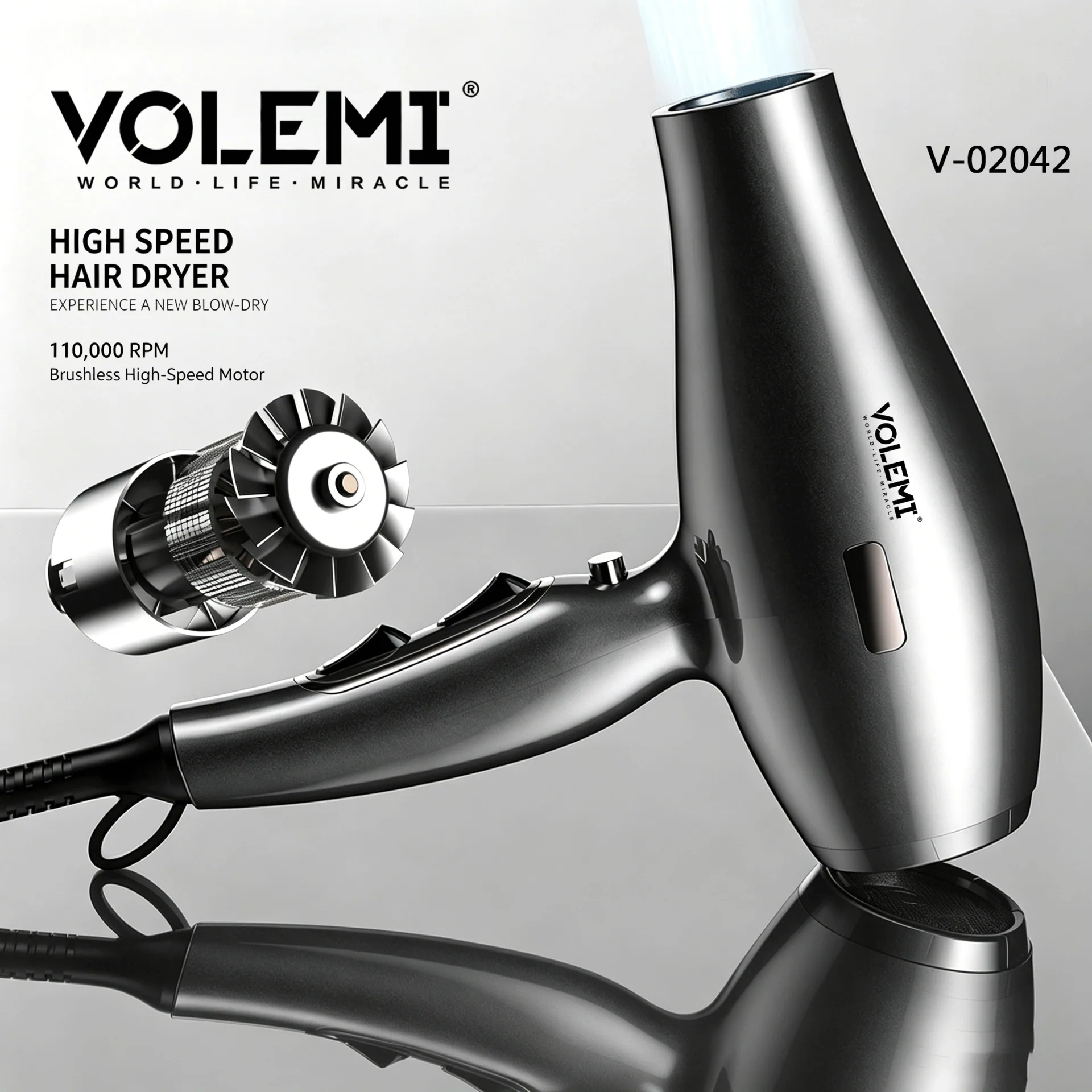Pengering Rambut Motor Brushless Kecepatan Tinggi VOLEMI Silver V-02042