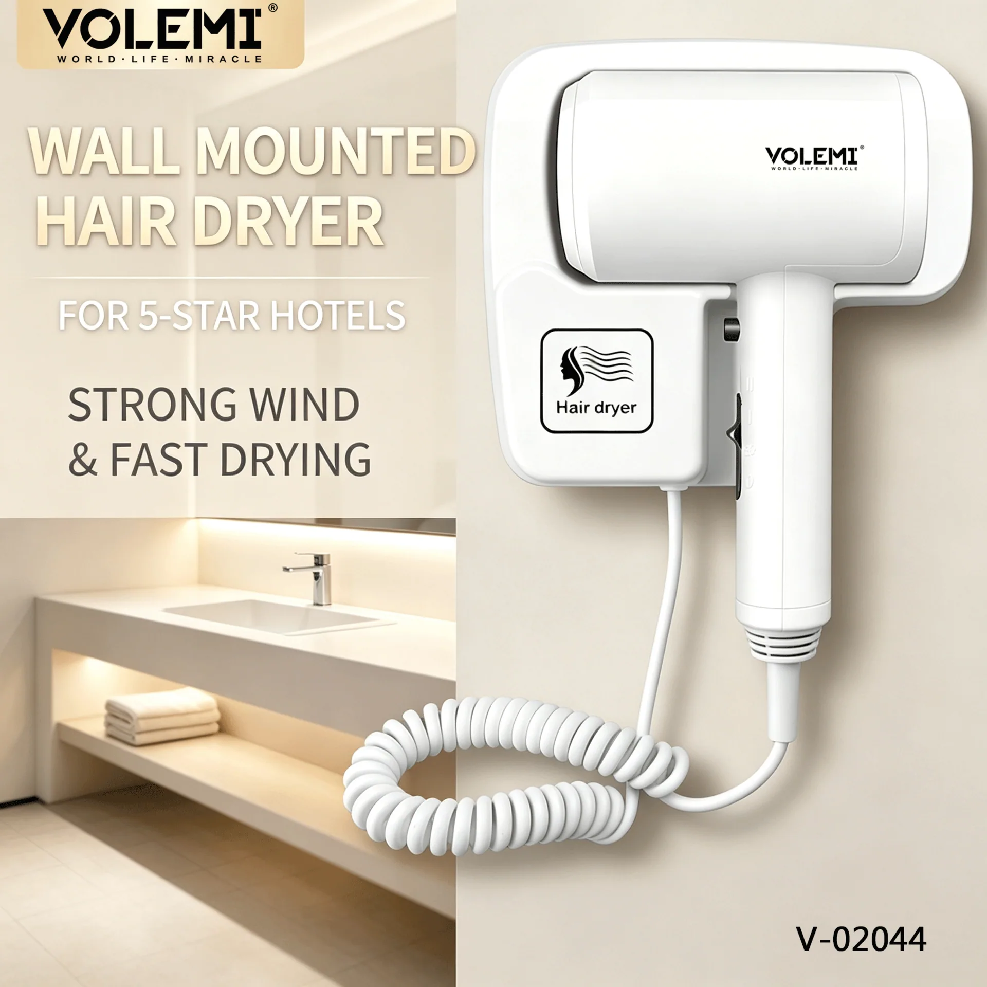 VOLEMI Wall-Mounted Hotel Hair Dryer Compact V-02044