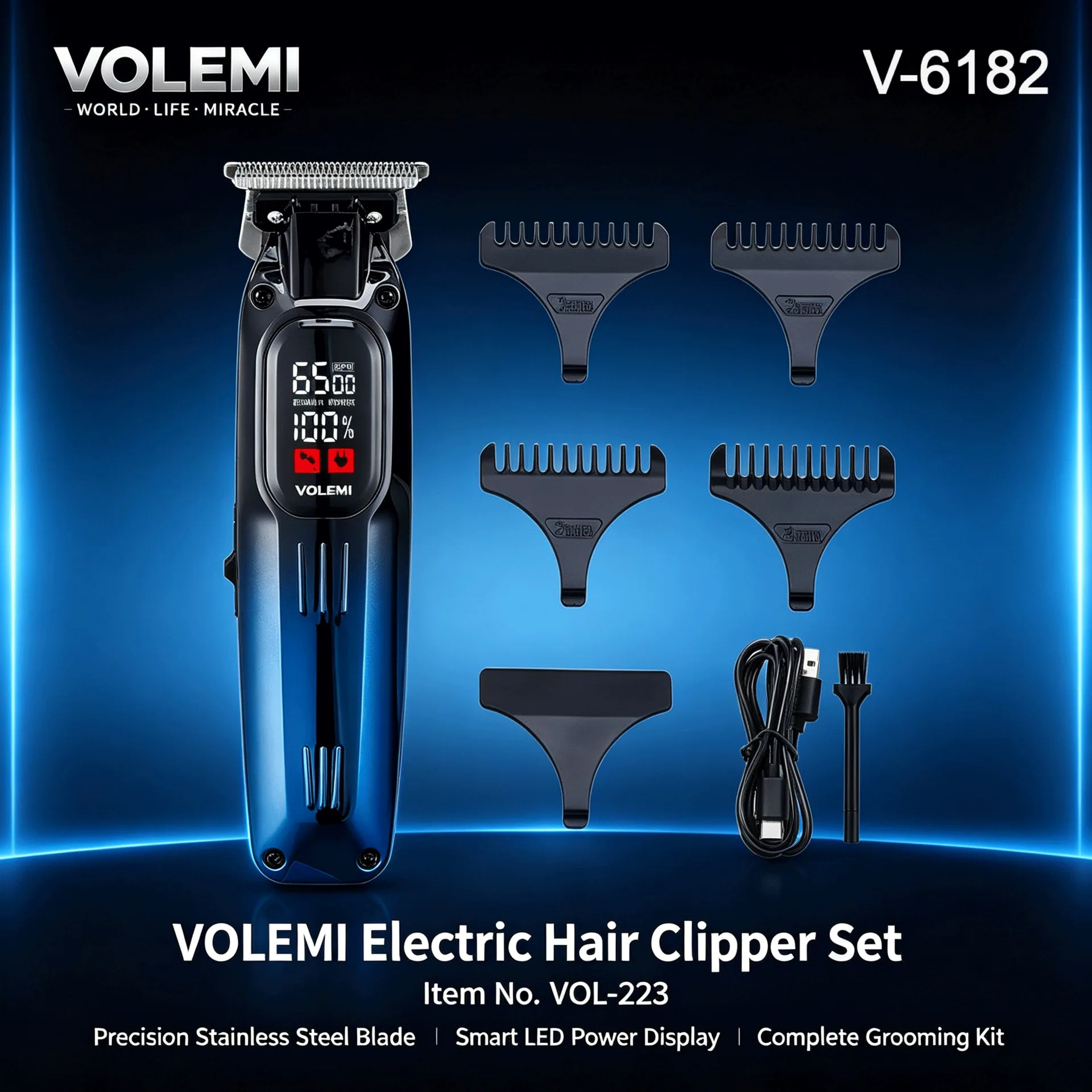VOLEMI Cordless Hair Clipper Quiet Motor Steel Blade V-6182