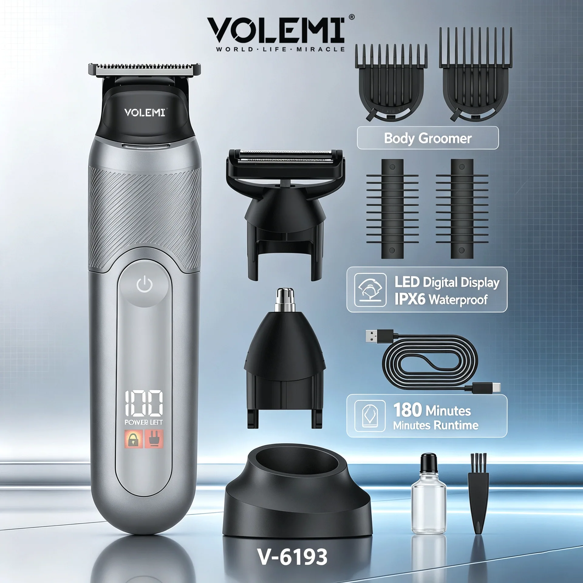 VOLEMI Rechargeable Hair Clipper Quiet Motor Washable V-6193