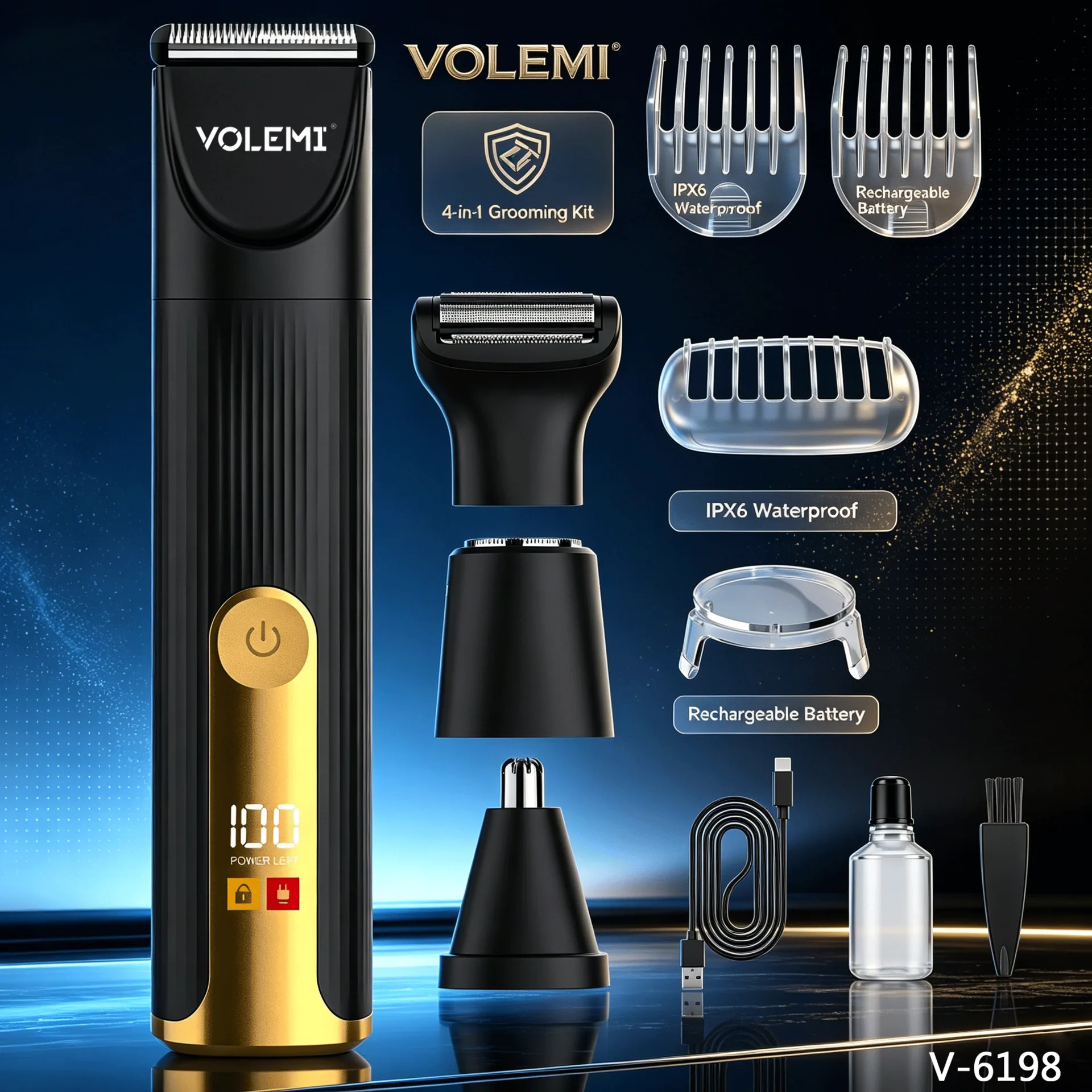 VOLEMI Hair Clipper Kit Guide Combs Type-C Rechargeable V-6198