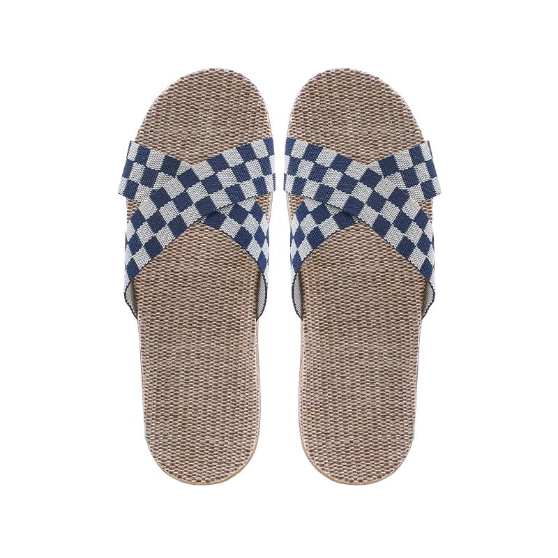 Jiadeli 8003 Men's Minimalist Crisscross Strap Linen Slippers Black and White 41-42