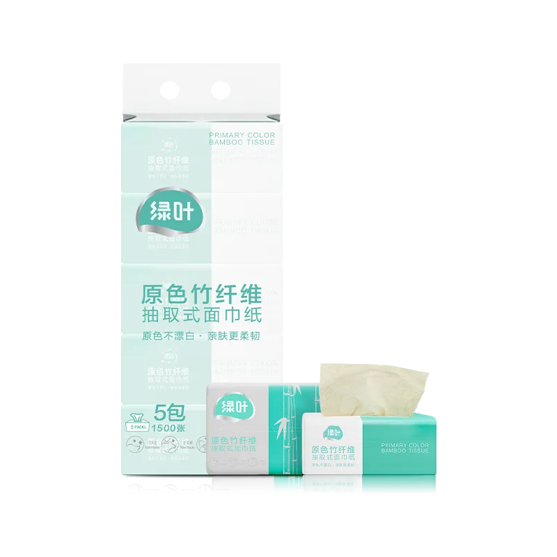 Green Leaf 100-pull natural color bamboo fiber facial tissue, 1 pack of 5 boxes, 1500 sheets