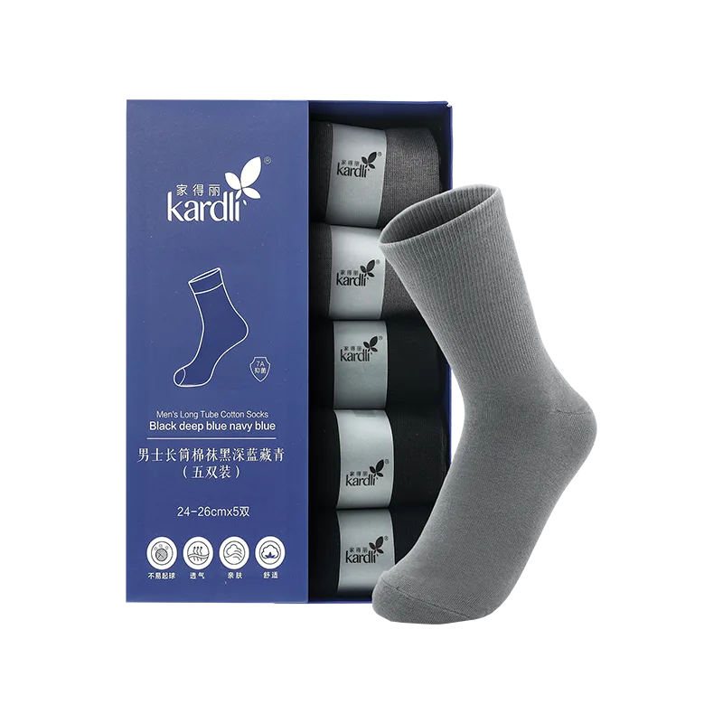Jiadeli Men's Long Tube Cotton Socks - Black, Dark Blue, Navy Five-Pair Pack
