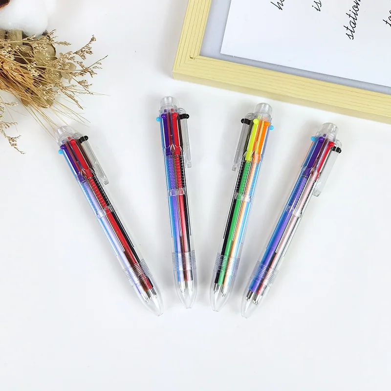Press the ballpoint pen wholesale color cute plastic creative transparent six color ballpoint pen multi-color pen integrated neu 4
