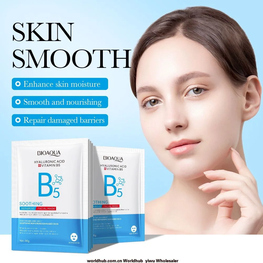 Close-up texture detail of BIOAOIA Vitamin B5 Hyaluronic Acid soothing repairing facial mask essence and soft sheet surface