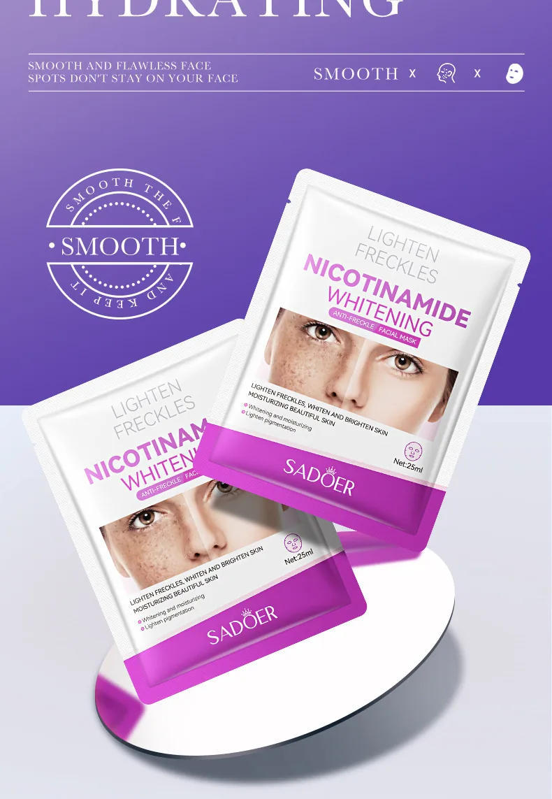 The effect of SADOER whitening and freckle removing facial mask essence liquid is demonstrated, and niacinamide is used to mo