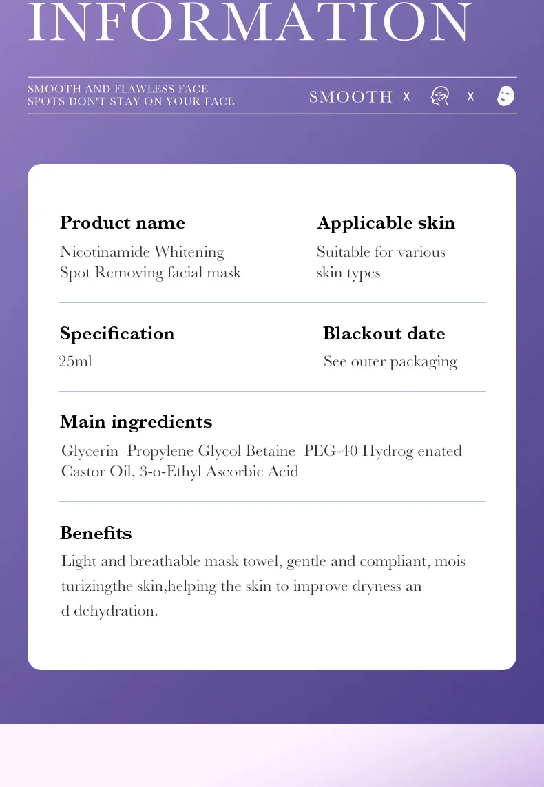SADOER Whitening facial mask Cross border Export Packaging Display Nicotinamide Spot Removing&Moisturizing English essence fa