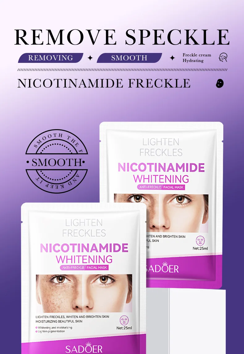 SADOER whitening and freckle removing facial mask essence liquid packaging front details, niacinamide moisturizing and hydrat