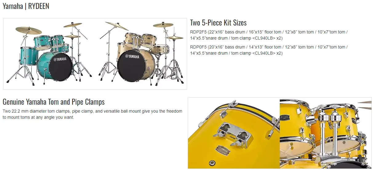 YAMAHA RYDEEN DRUM Acoustic Drum Set 5-piece drum BASS TONES 4