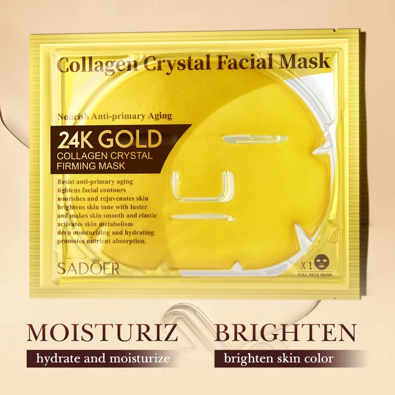 SADOER 24K Gold Collagen Mask close-up detail of the golden crystal mask fabric, firming and moisturizing essence texture cle