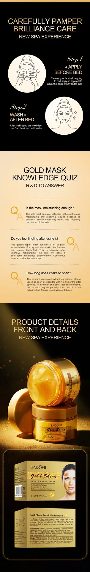 SADOER Gold Repair Mask leave-in application on face scene showing hydrating moisturizing effect for wholesale skincare buyer