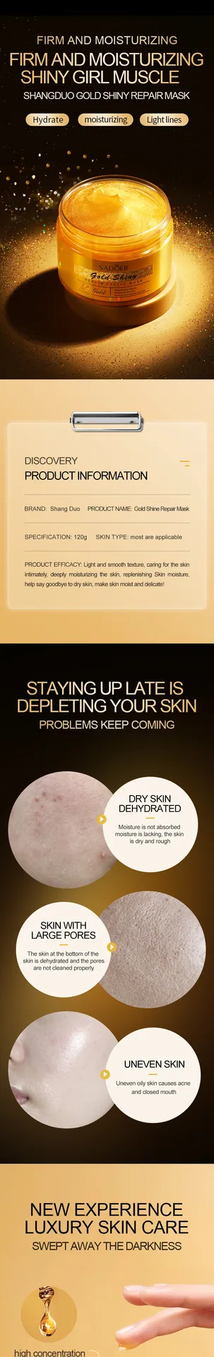 SADOER Gold Repair Mask leave-in application for hydrating and moisturizing facial care, wholesale cross-border supply