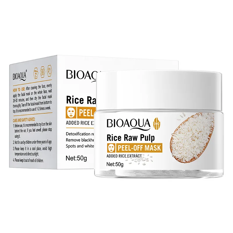 Close-up texture of BIOAOUA rice puree tear-off mask showing creamy paste adsorption for blackhead acne keratin care