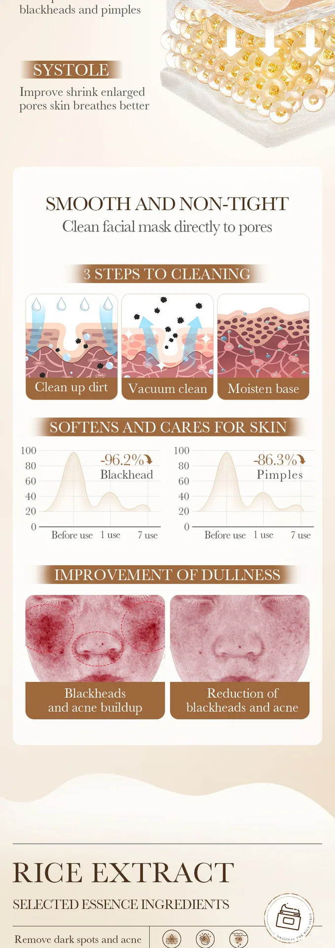 BIOAOUA rice puree tear-off mask size and quantity display for wholesale, unit pcs, ideal for blackhead and keratin care