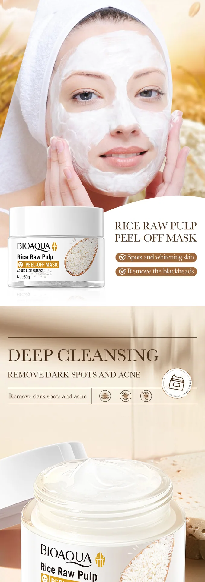 BIOAOUA rice puree tear-off mask close-up showing creamy texture and gentle adsorption for removing blackheads and acne kerat