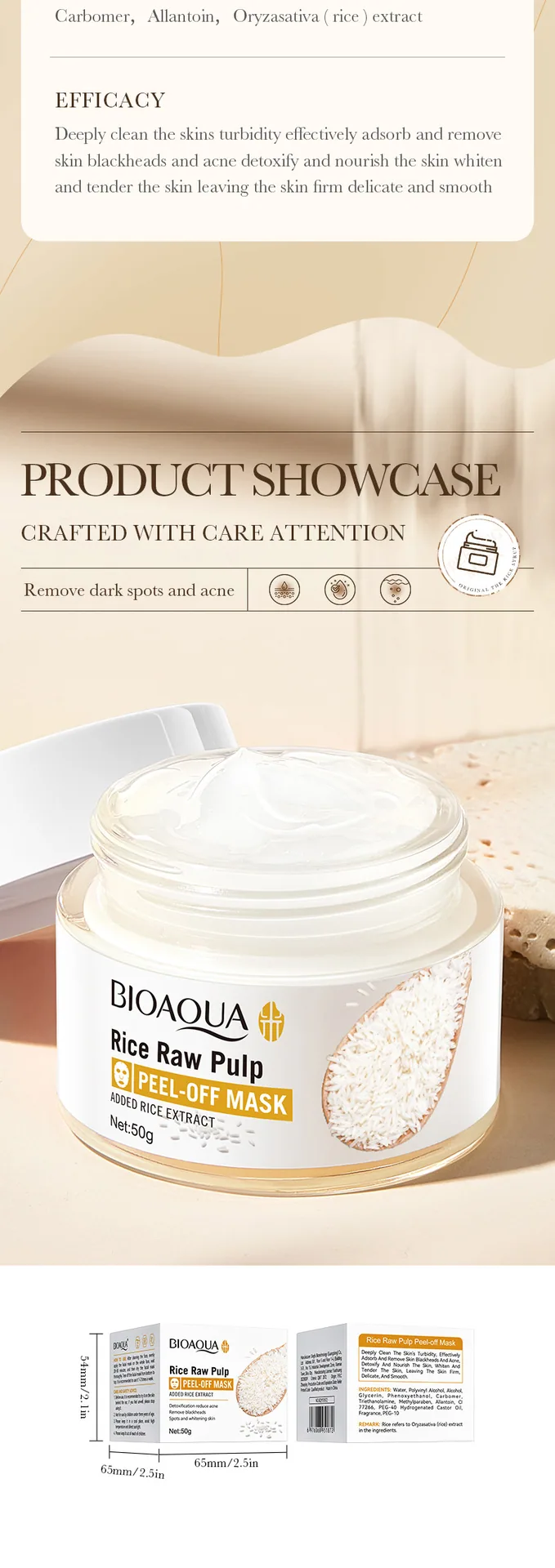 BIOAOUA rice puree tear-off mask sachet close-up showing texture and easy peel-off design for blackhead and acne removal