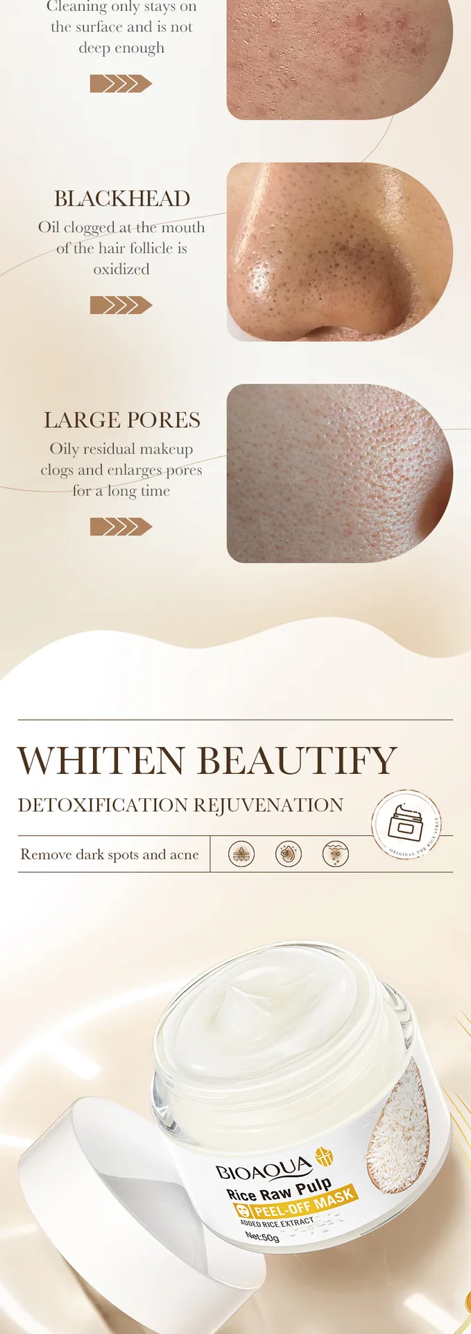 BIOAOUA rice puree tear-off mask applied on face, deep adsorption cleansing pores, remove acne keratin, wholesale skincare