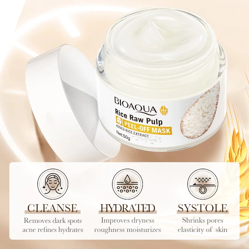 BIOAOUA rice puree tear-off mask application scene on face, peeling off to remove blackheads acne keratin wholesale