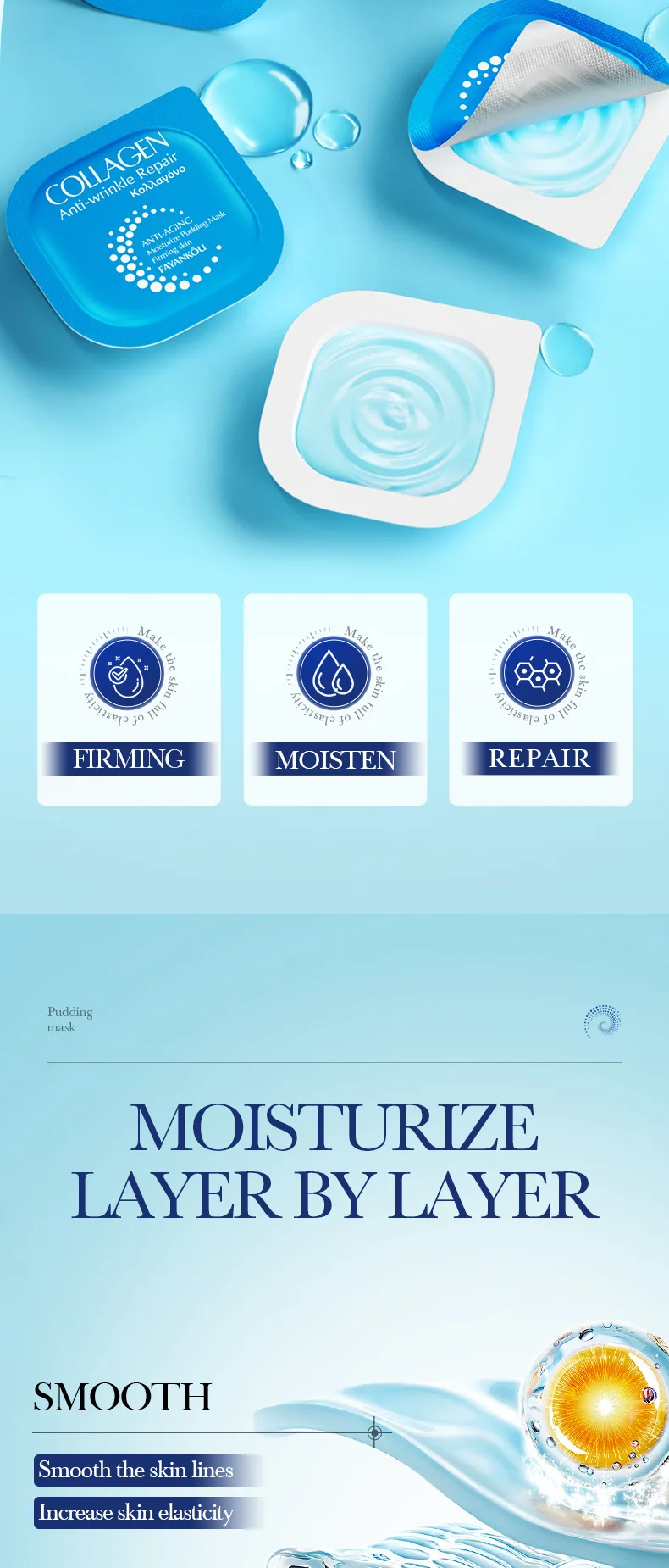 FAYANKOU Collagen facial mask composition texture close-up, small pudding anti wrinkle repair, foreign trade