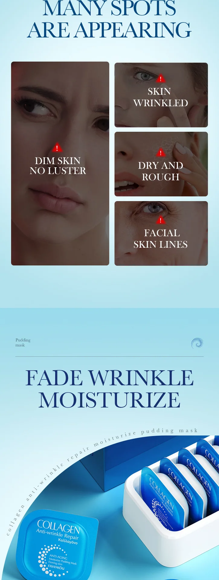 FAYANKOU collagen facial mask texture display, small pudding anti wrinkle repair, foreign trade facial care