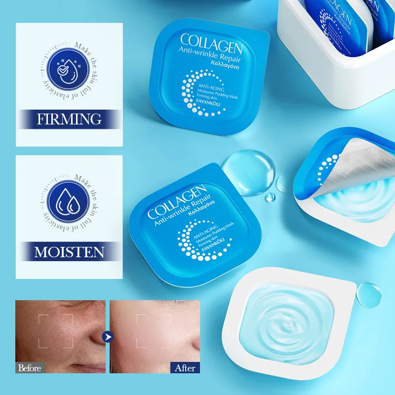 Use scene of FAYANKOU collagen facial mask shows skin care and repair pudding facial mask before bed