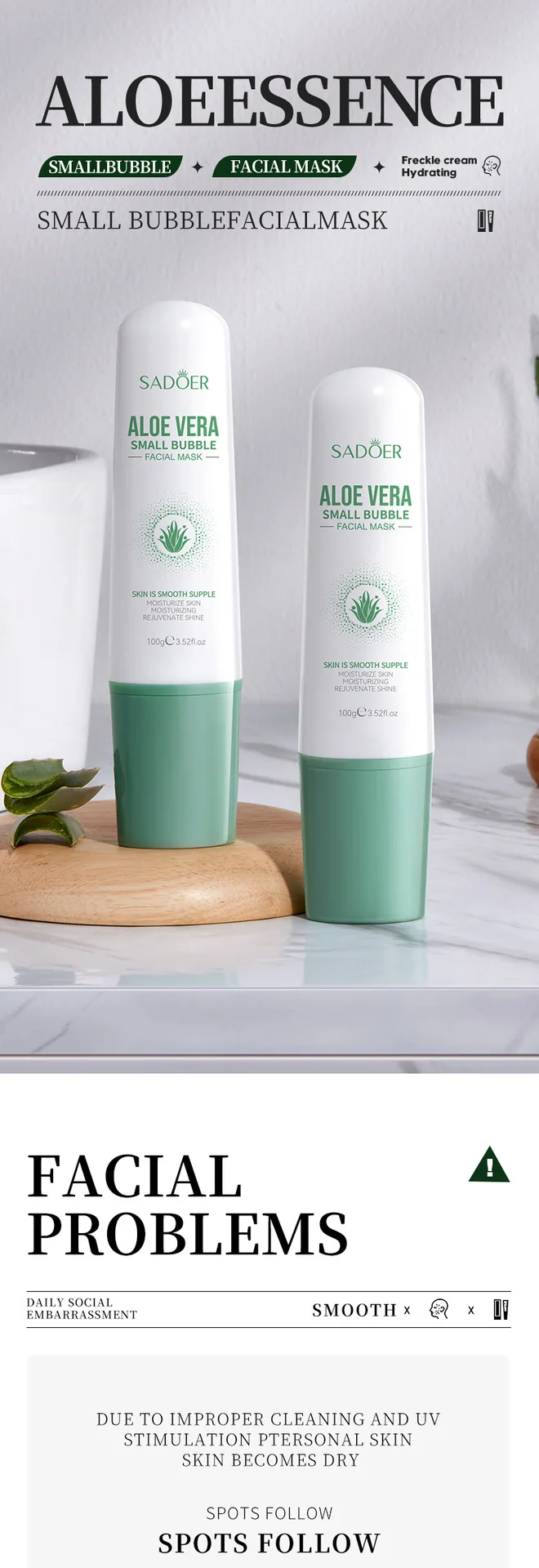 SADOER aloe vera small bubble mask plant essence close-up showing bubble texture for anti-blackhead acne skin care serum