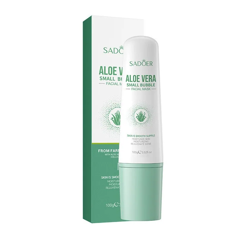 SADOER aloe vera small bubble mask usage scene, applying plant essence serum mask for anti-blackhead acne skin care routine