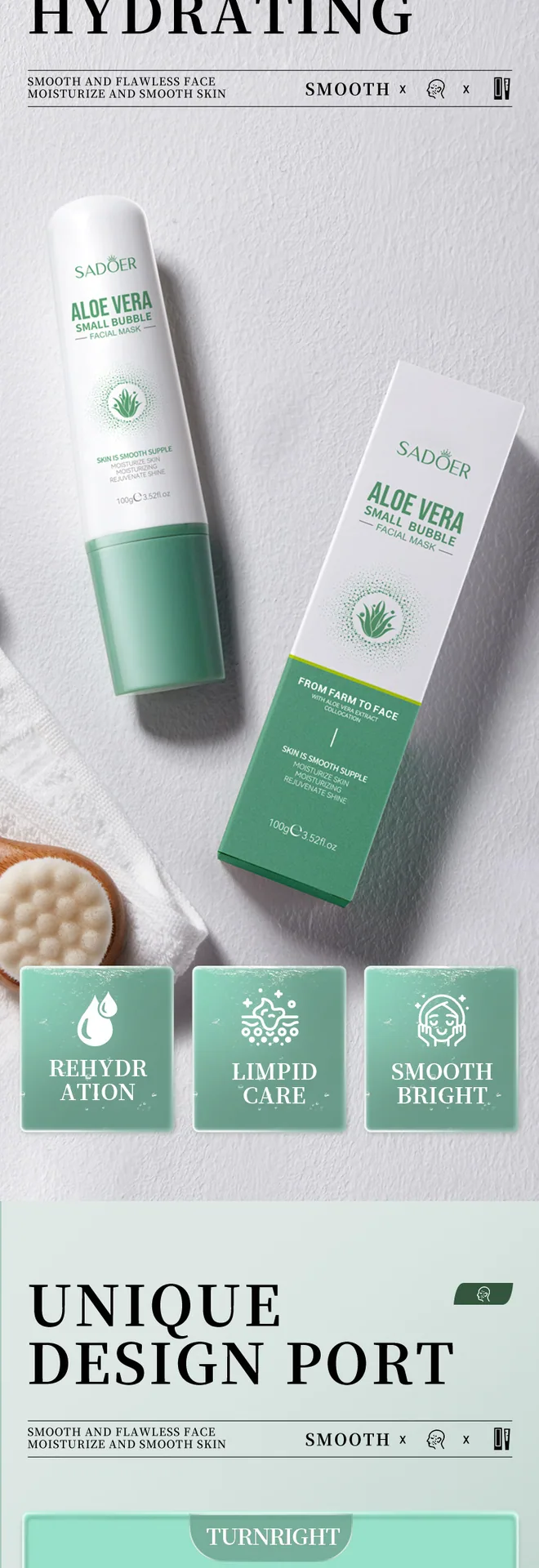 SADOER Aloe Vera small bubble mask close-up showing plant essence serum texture and fine bubbles for anti-blackhead acne care