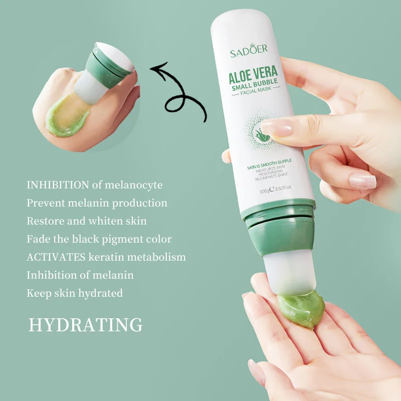 Close-up detail of SADOER aloe vera small bubble mask texture, plant essence formula for anti-blackhead acne, full English la