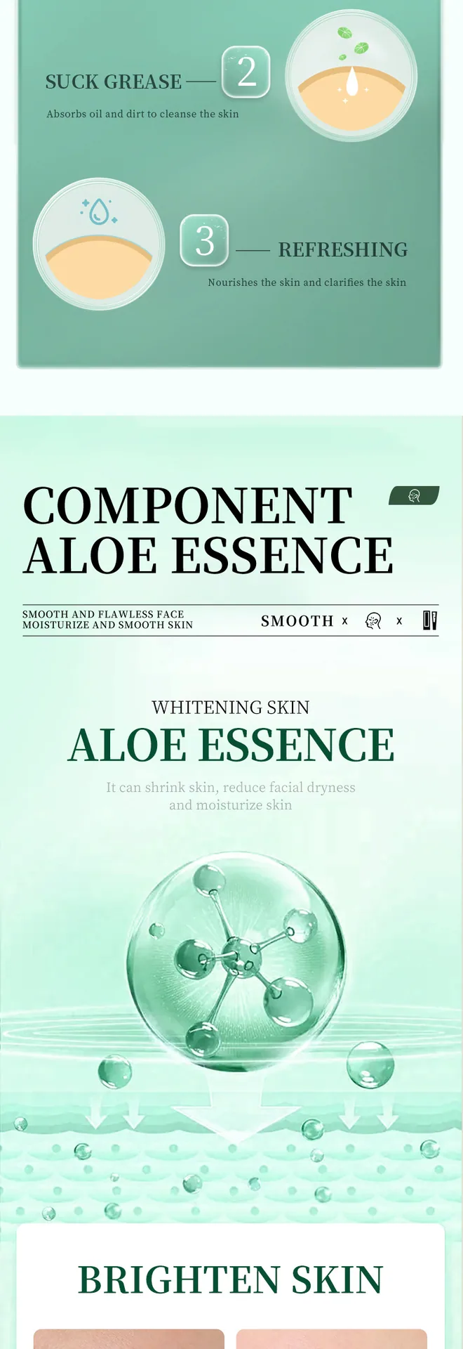 SADOER aloe vera small bubble mask usage scene on clean face, plant essence foam lifting blackheads for glowing skin serum