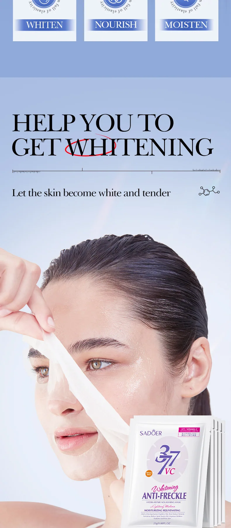 SADOER Whitening, Freckle-Removing, Moisturizing and Repairing Mask close-up details, hydrating and nourishing, cross-border 