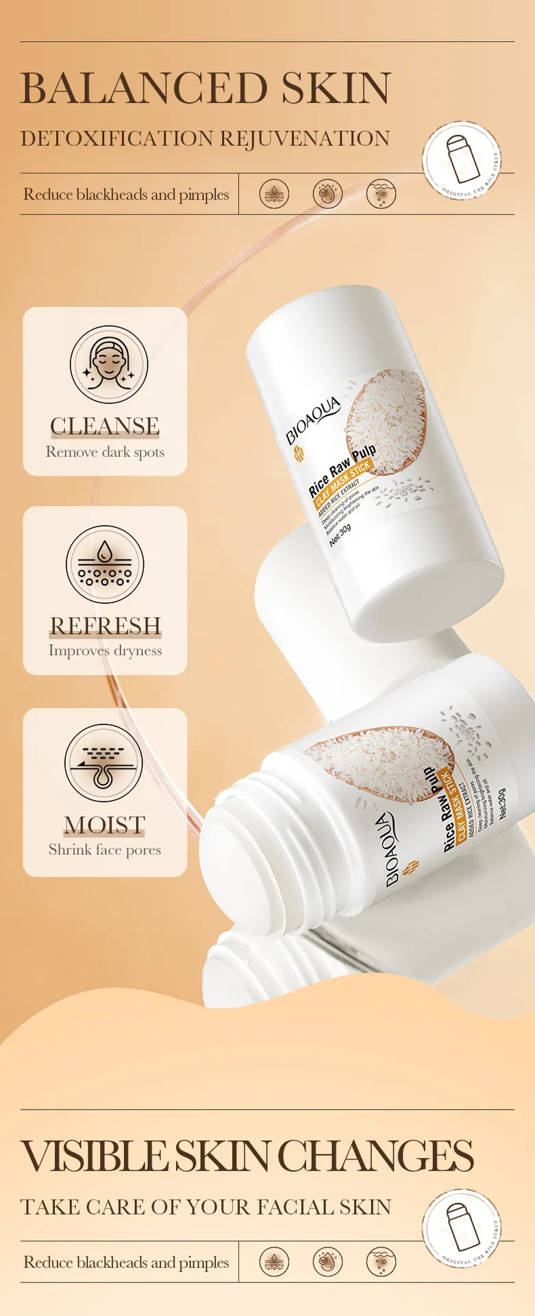 BIOAOU rice puree mud mask stick close-up showing creamy texture and deep cleansing formula for acne care
