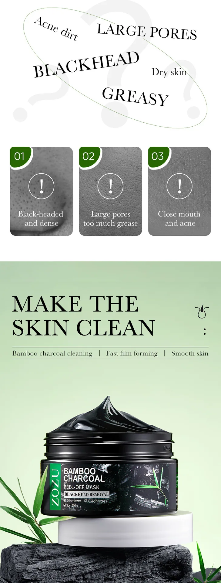 ZOZU Bamboo Charcoal Tear off facial mask English packaging front displays all English product logo information