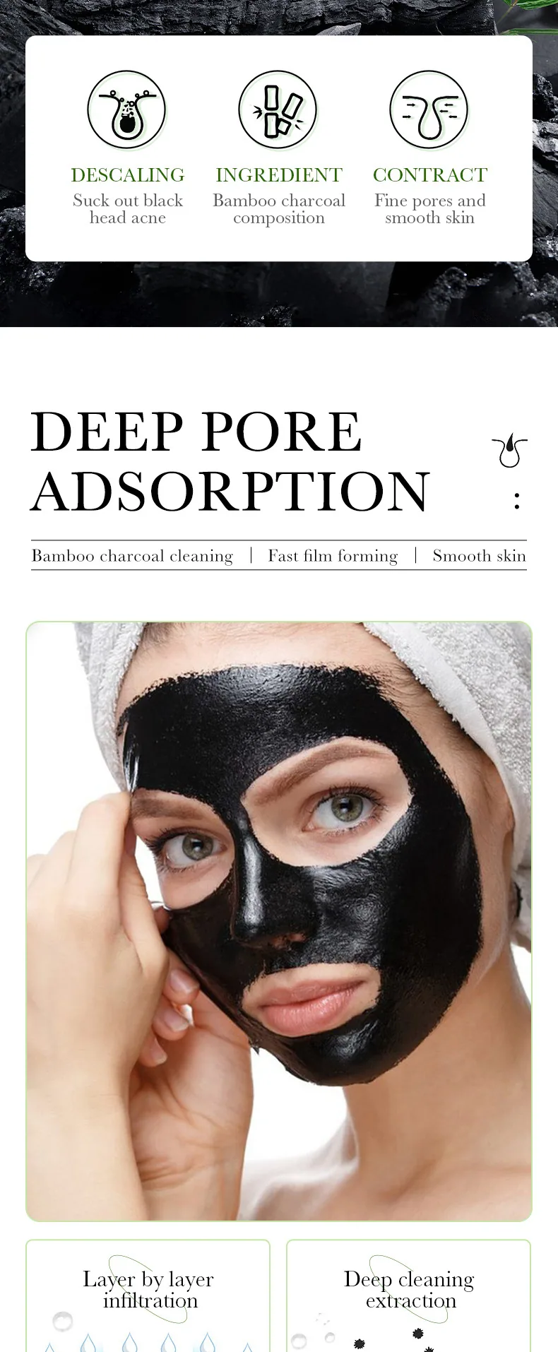 ZOZU Bamboo Charcoal Tear facial mask Tear off the instant close-up shows the effect of absorbing blackhead cutin