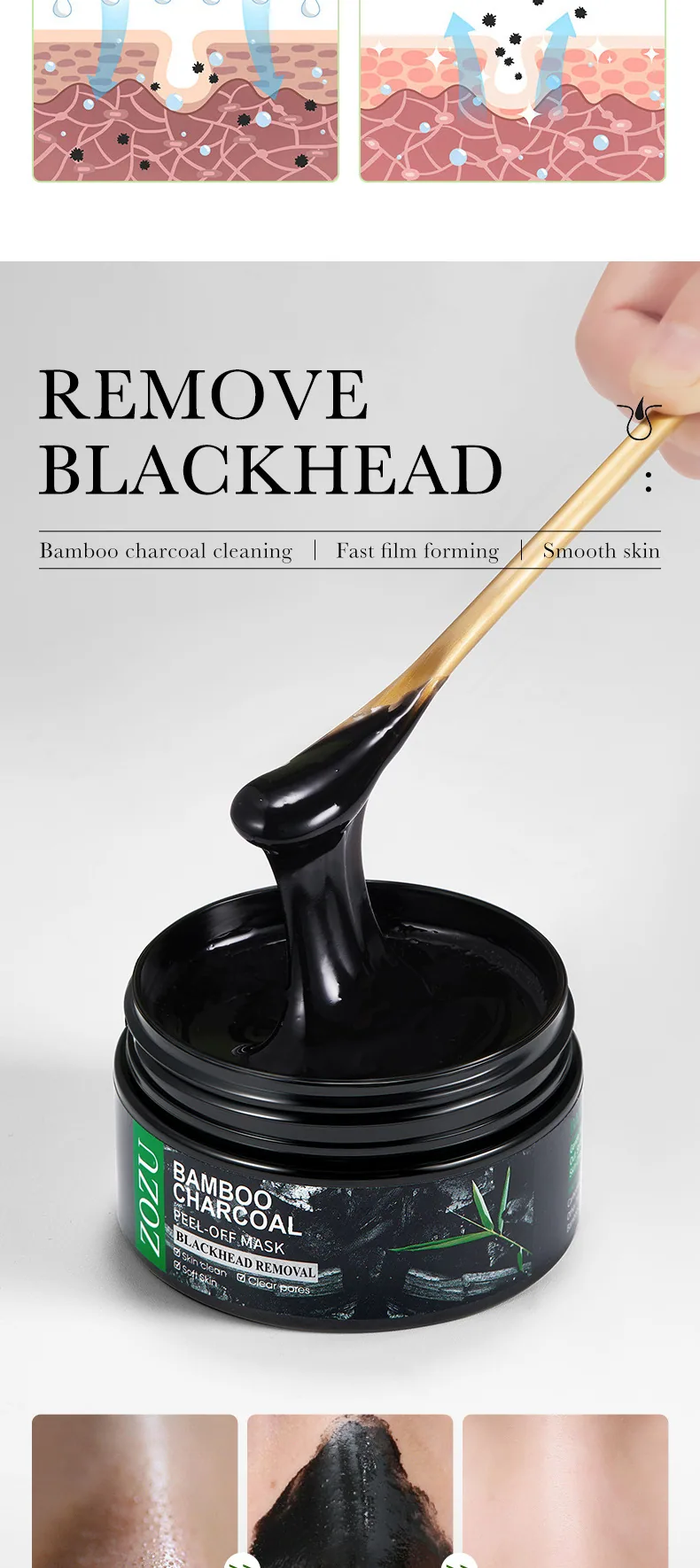 ZOZU Bamboo Charcoal Tearing facial mask Detail close-up shows the effect of black cream on physical ground and black head ab