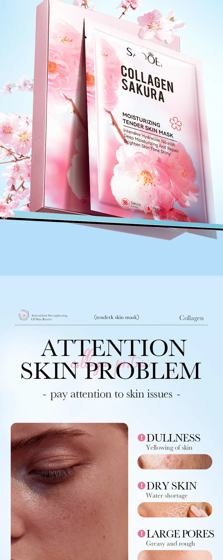 SADOER Cherry Blossom Collagen Facial Mask box side detail close-up, moisturizing and refreshing, cross-border beauty in stoc