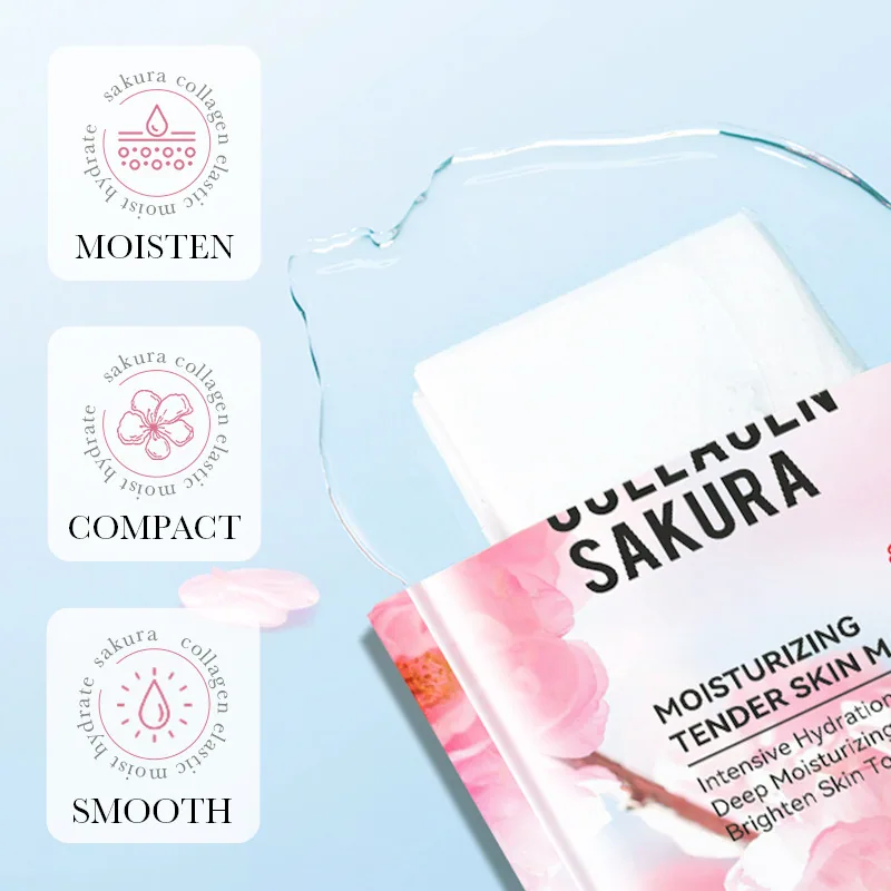 SADOER Cherry Blossom Collagen Mask packaging box front details, all-English labeling, moisturizing and refreshing mask close