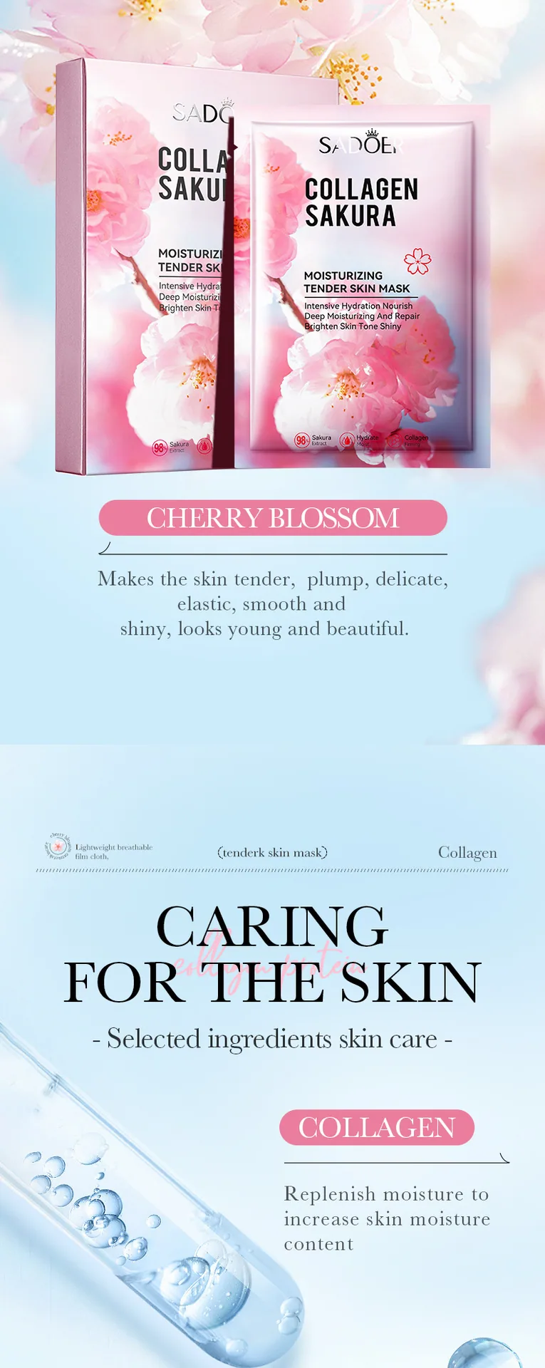 SADOER Cherry Blossom Collagen Face Mask box dimensions labeled, clear specifications, portable, cross-border beauty wholesal