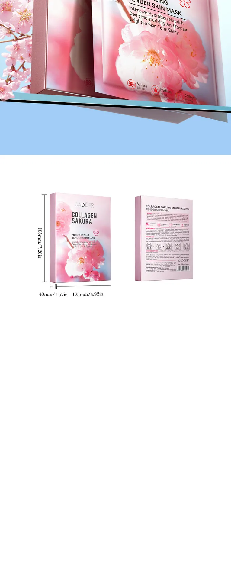 SADOER Cherry Blossom Collagen Facial Mask single-piece independent packaging close-up, portable, moisturizing and refreshing