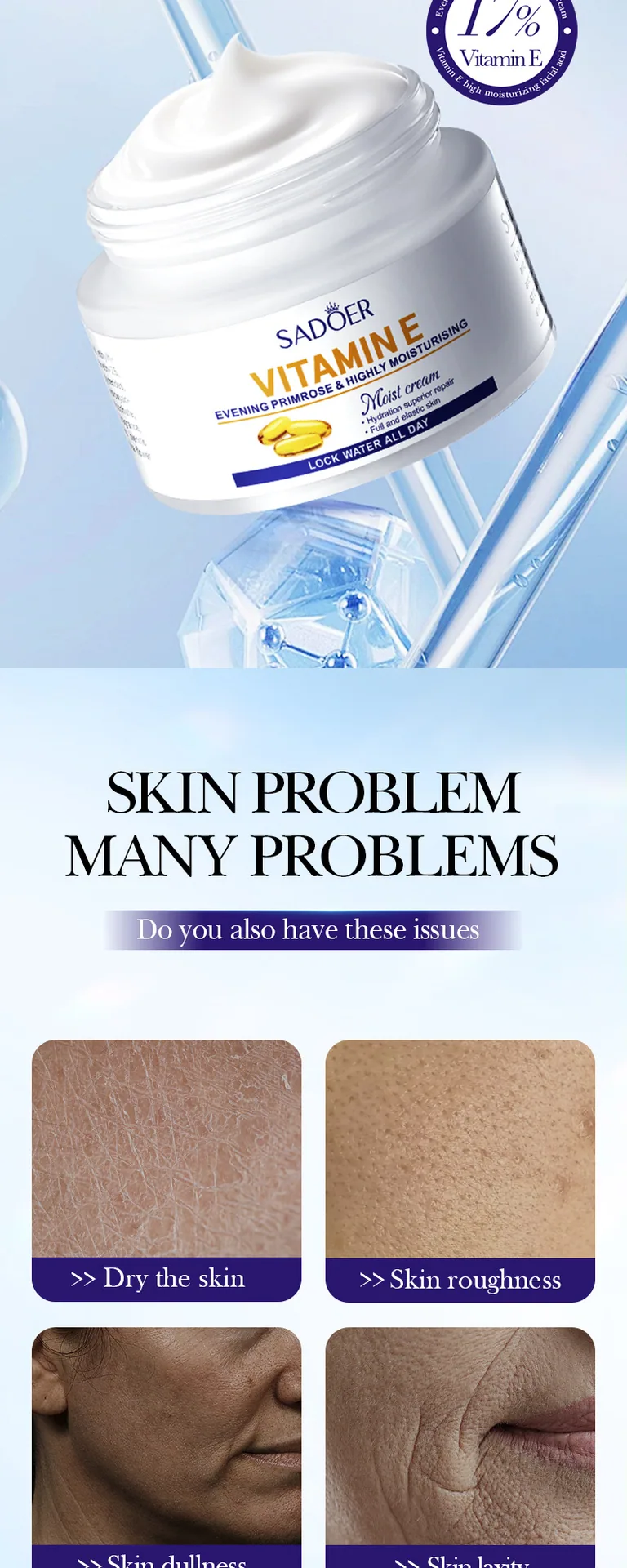 SADOER Evening Primrose Vitamin E Moisturizing Cream Application Scenarios Display Facial and Body Care Highly Moisturizing a