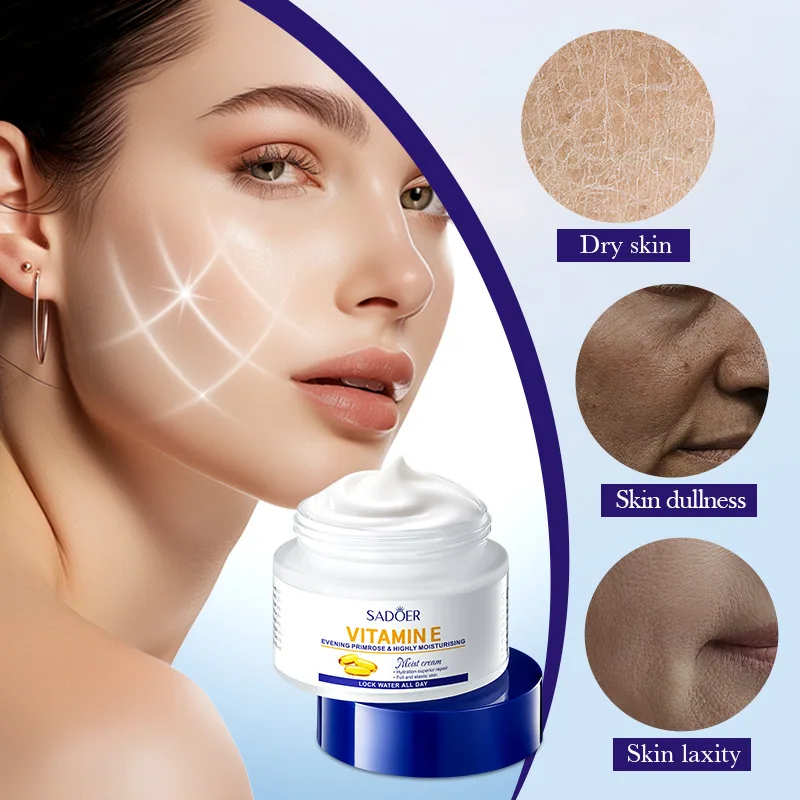 SADOER Vitamin E Moisturizing Cream Front Detail Full English Label Evening Primrose Formula face cream Body Mask
