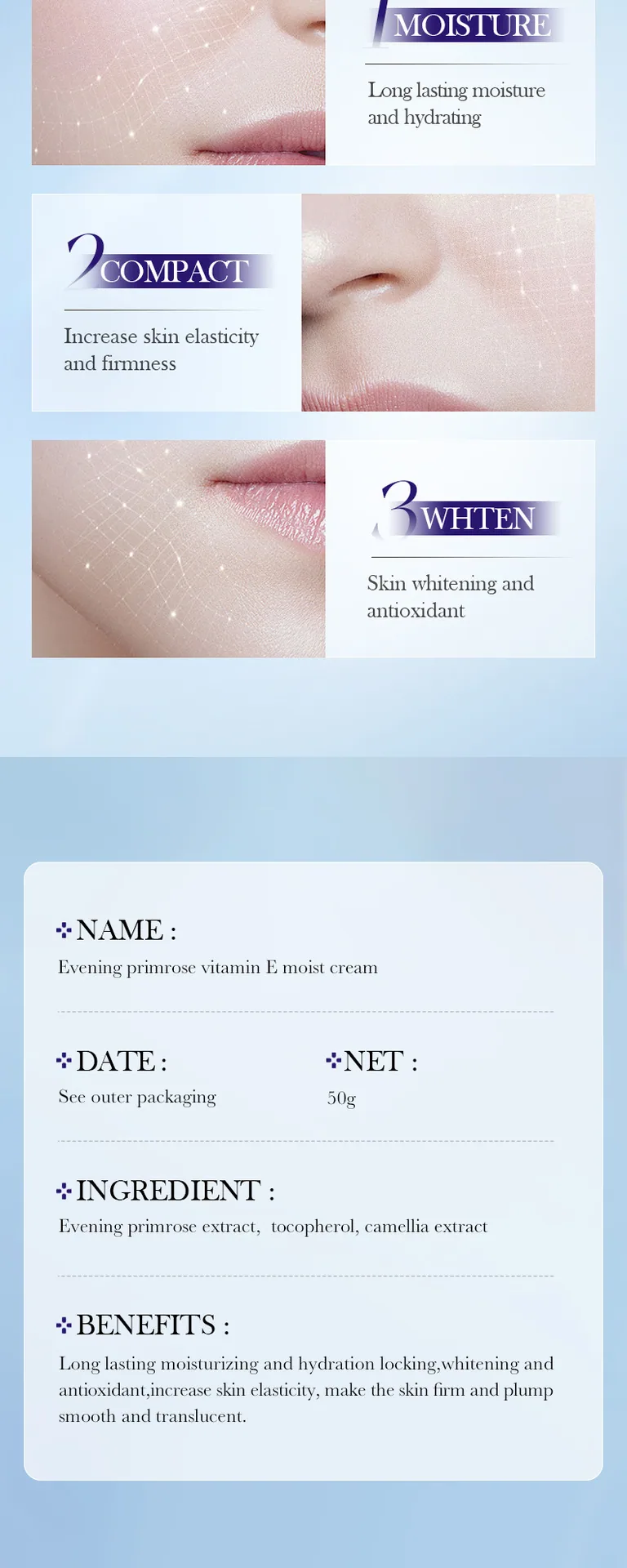 SADOER Evening Primrose Vitamin E High Moisturizing Cream Size and Capacity Label face cream Specification Clear Display Suit