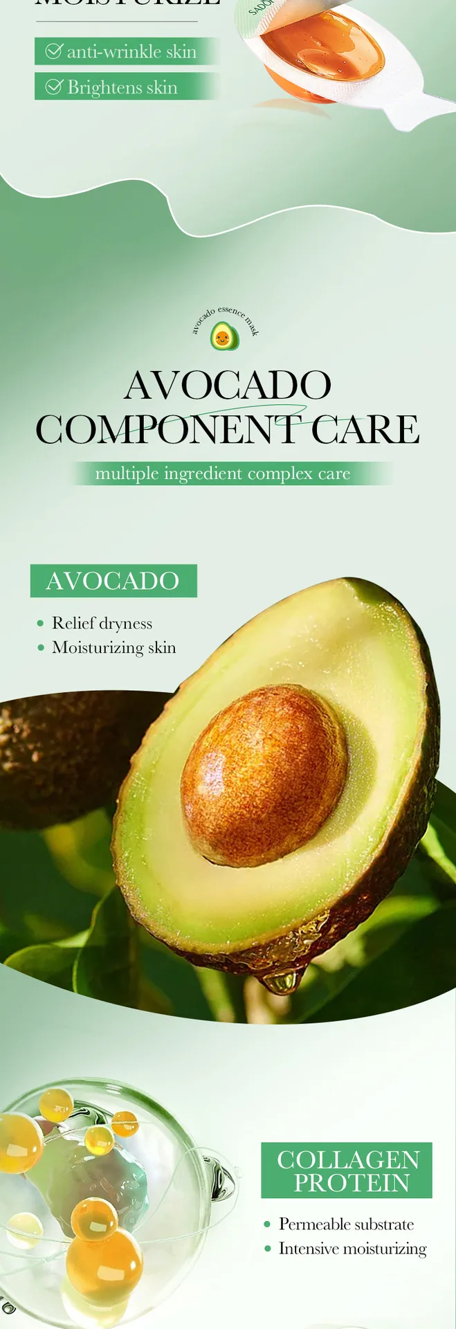 SADOER Avocado facial mask Nourishing Anti wrinkle Firming gel facial mask Cross border E-commerce Wholesale Details Display
