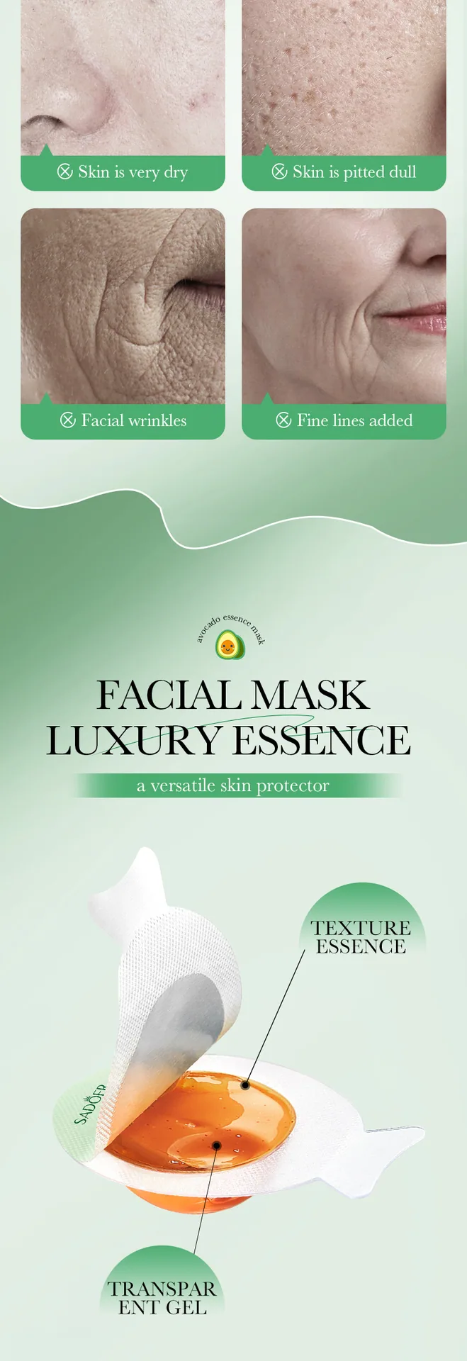 SADOER Avocado facial mask Detail Feature Nourishing Anti wrinkle Firming Fruit Brewery Revitalizing gel facial mask Cross bo