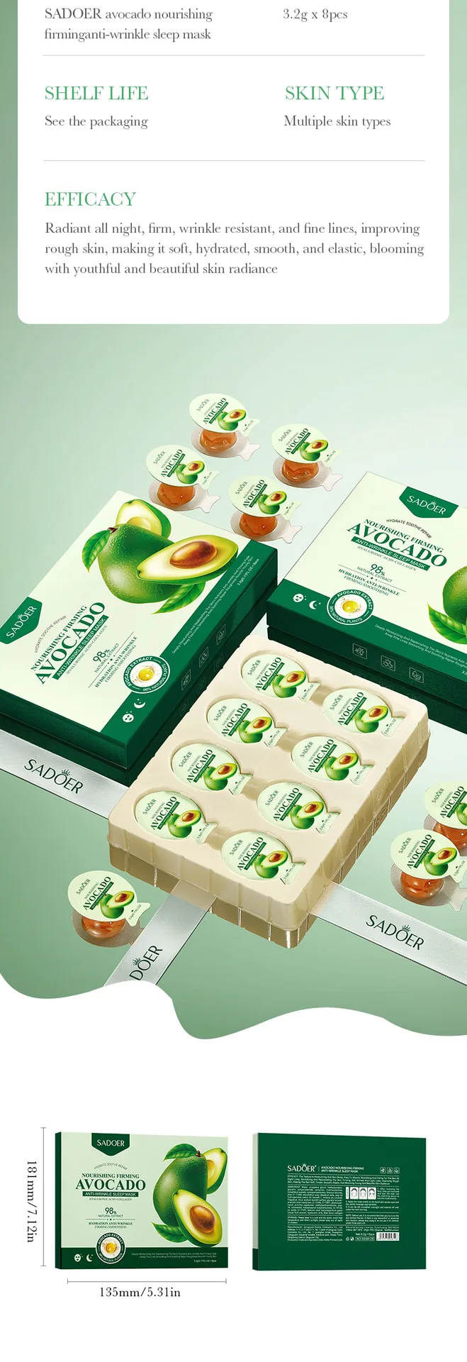SADOER Avocado facial mask Nourishing Anti wrinkle Firming Fruit Brewing&Revitalizing gel facial mask Cross border E-commerce