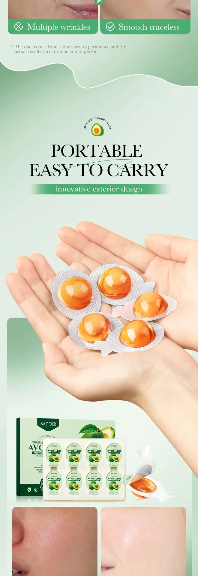SADOER Avocado facial mask Nourishing Anti Wrinkle Firming gel facial mask Details, Yiwu Ouou Import and Export Wholesale