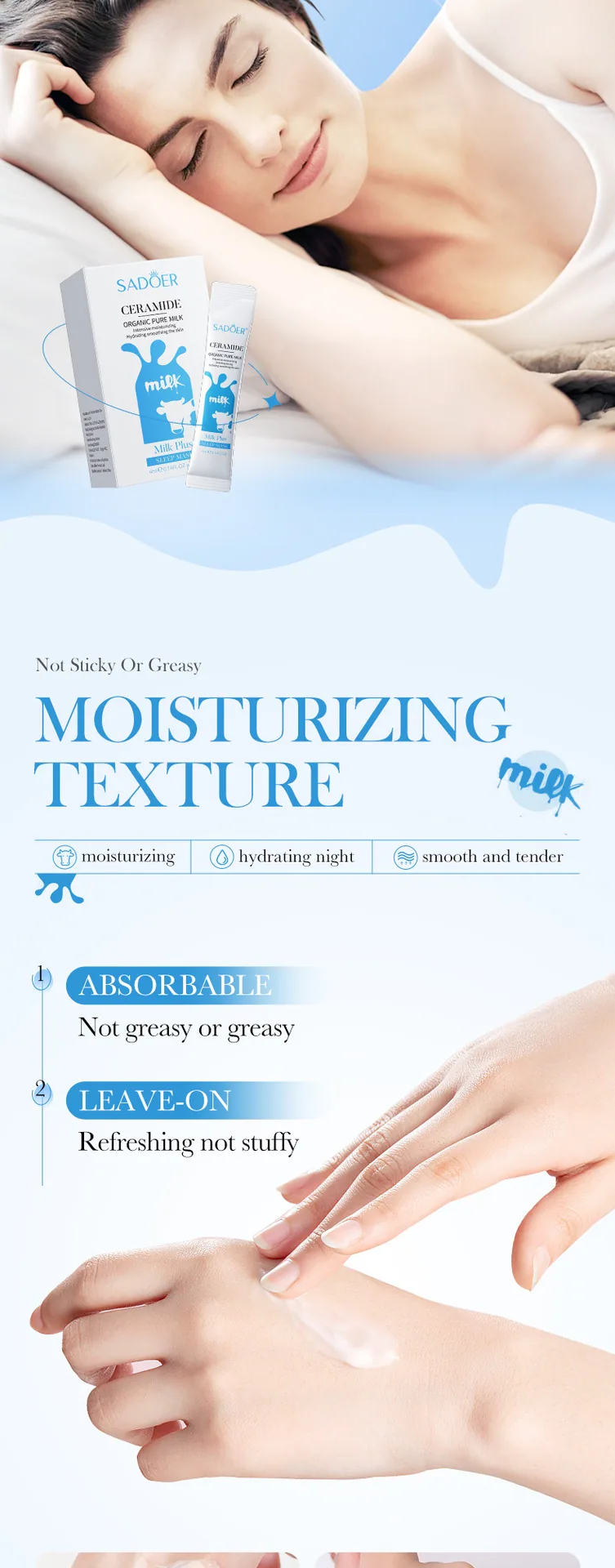 SADOER ceramide milk sleep facial mask, full English logo on the front of the package, moisturizing and rejuvenating cross-bo