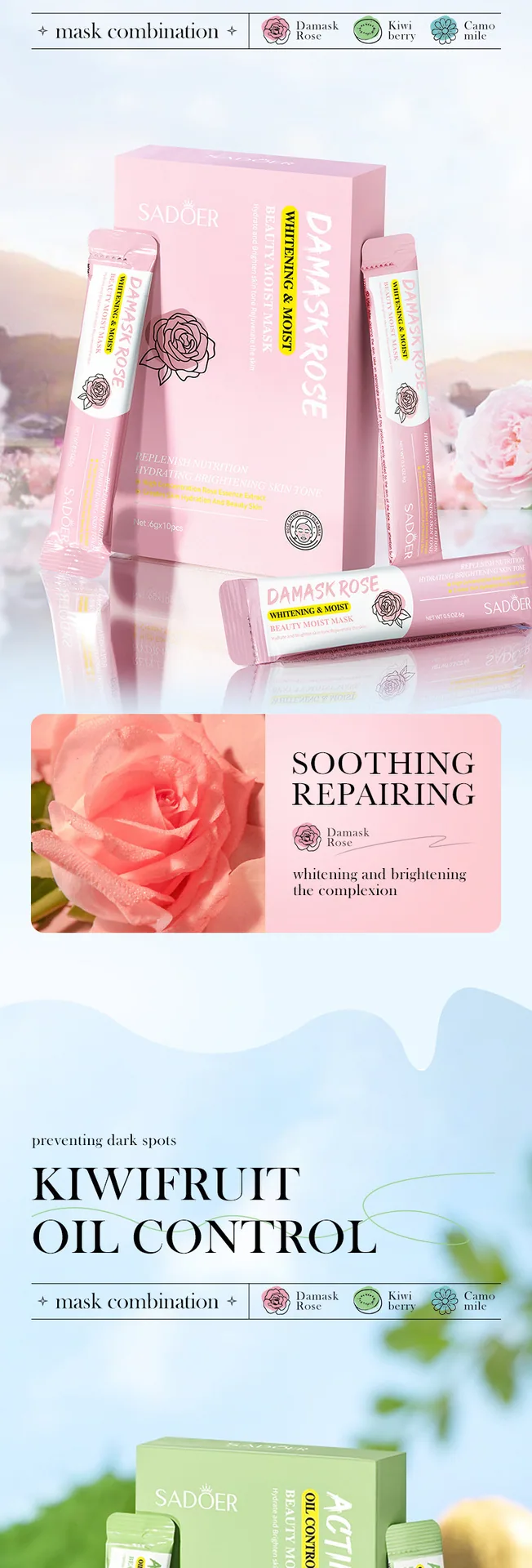 SADOER Kiwi facial mask Moisturizing&Revitalizing essence Liquid Texture Display, Oil Control&Refreshing Skin Care Wholesale