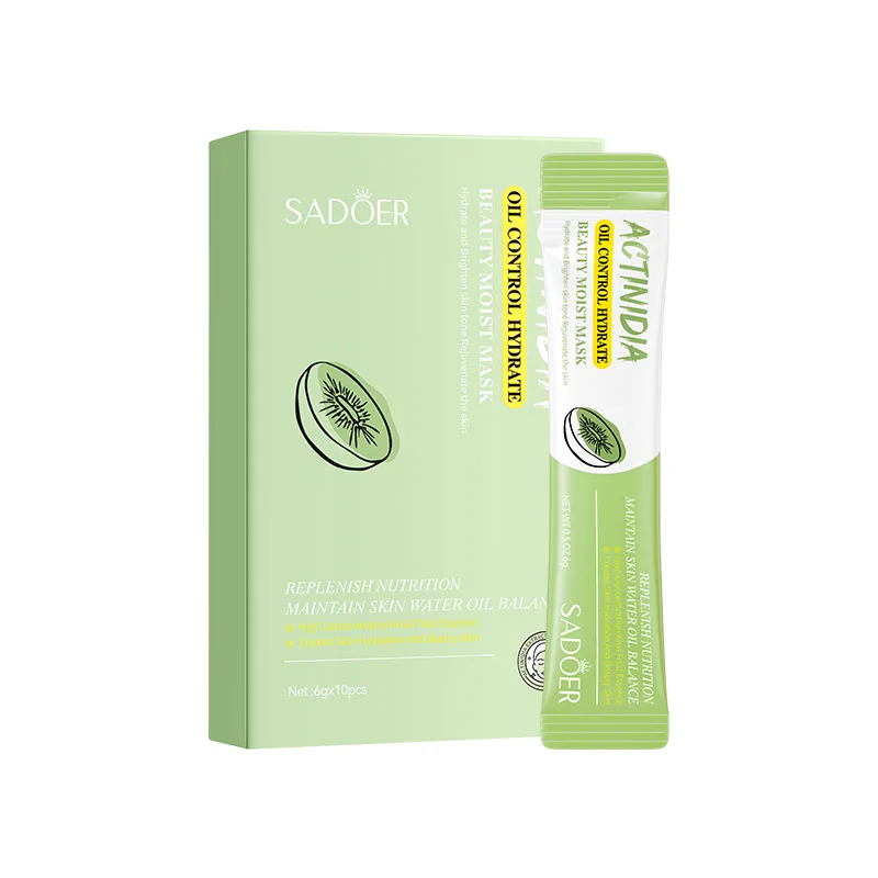 Close up of front details of SADOER kiwi facial mask packaging, oil control and skin rejuvenation facial mask wholesale for f